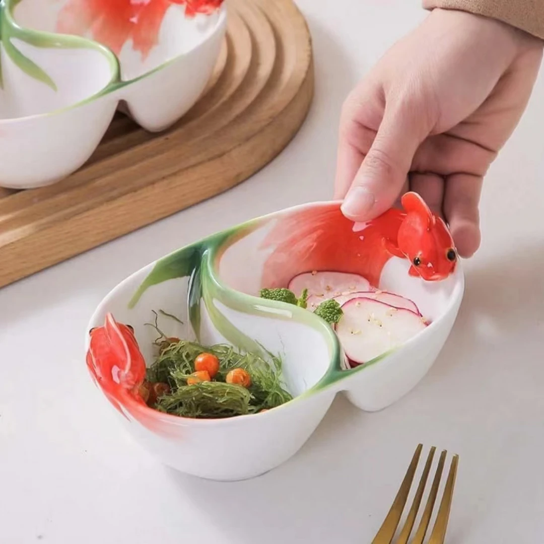创意陶瓷6英寸分格碗子母碗双鱼蘸料碗