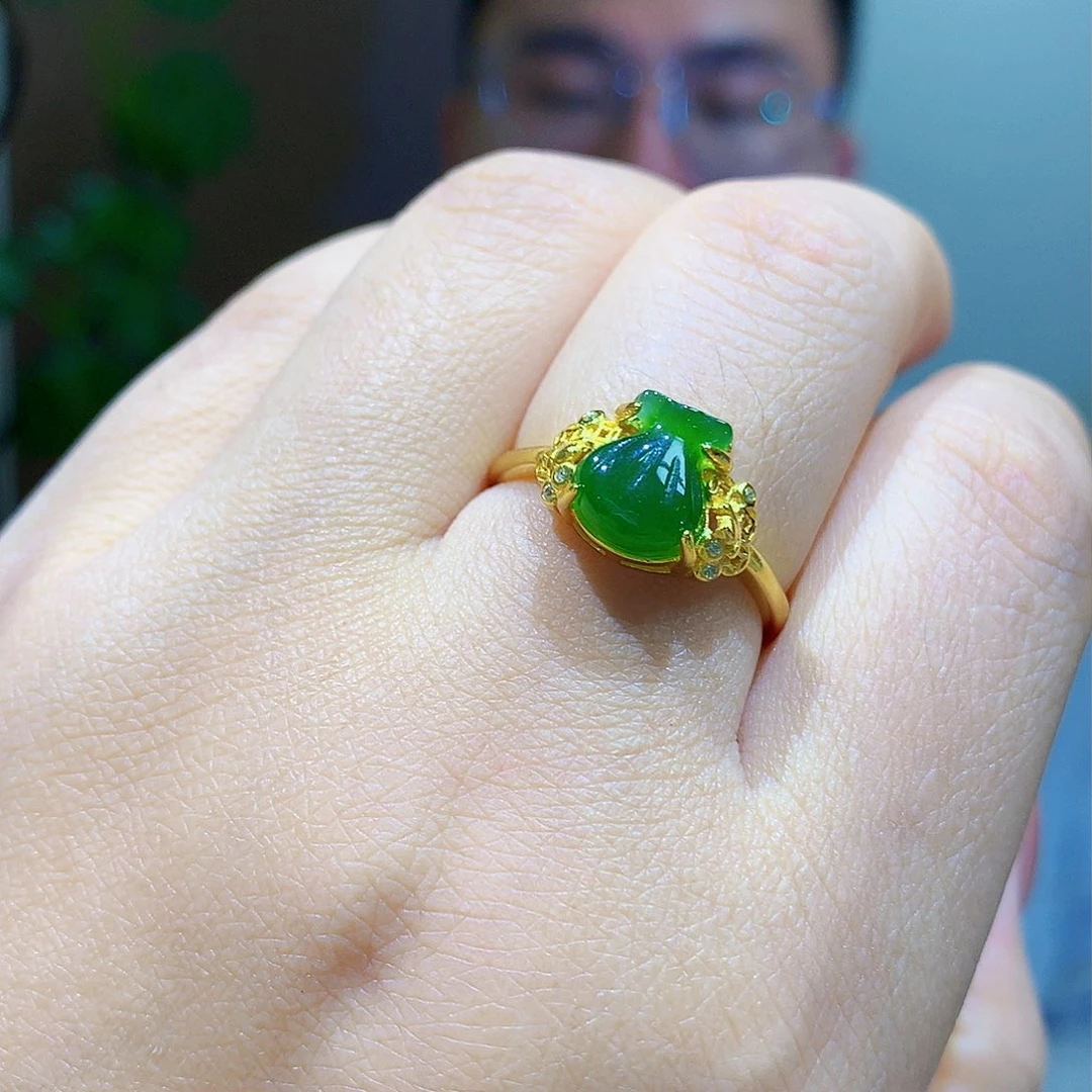 银S925镀金镶嵌戒指和田玉（碧玉）