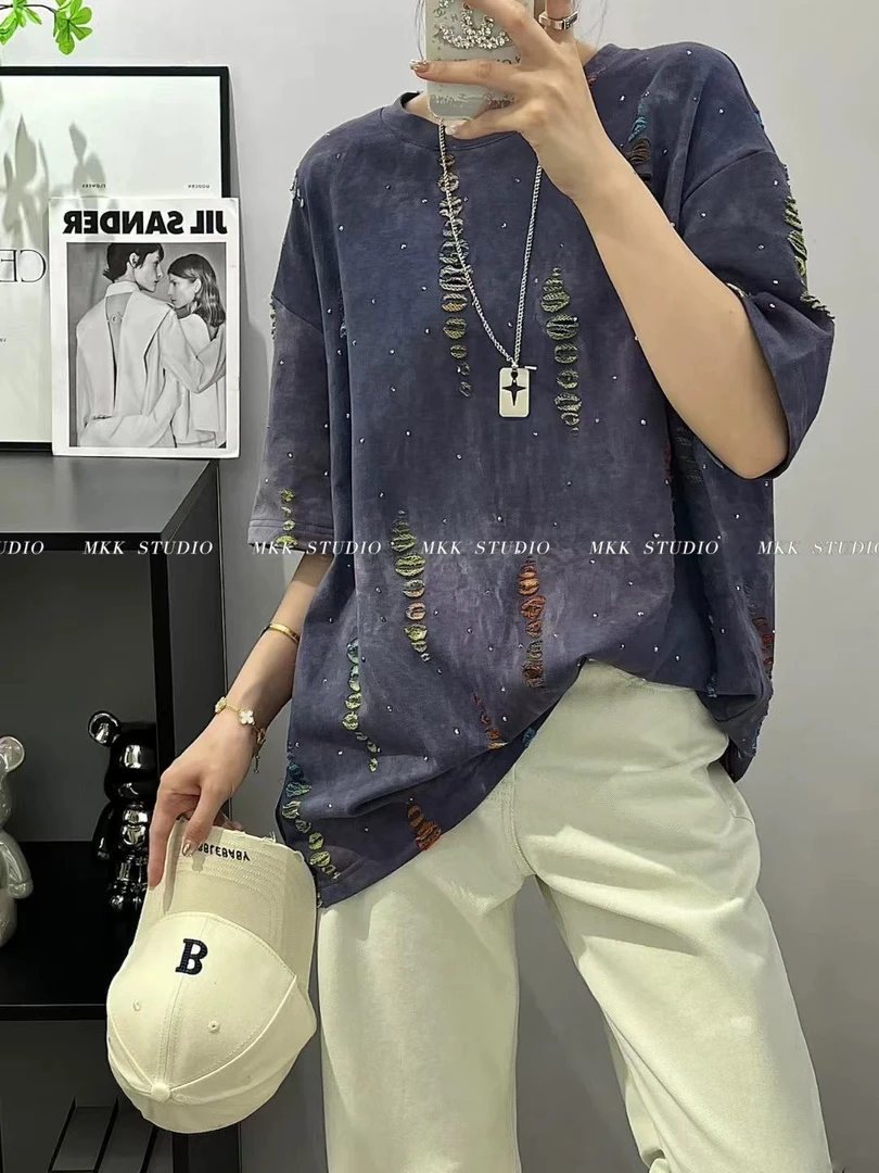 0502-12宽松夏季T恤潮流女破洞短袖 MHKL  8756