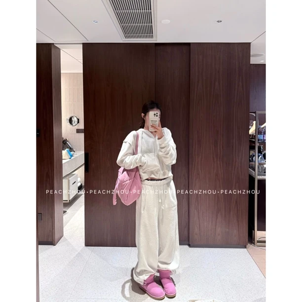 PEACHZHOU 毛巾绣纯棉宽松连帽拉链卫衣外套松紧腰阔腿长裤套装