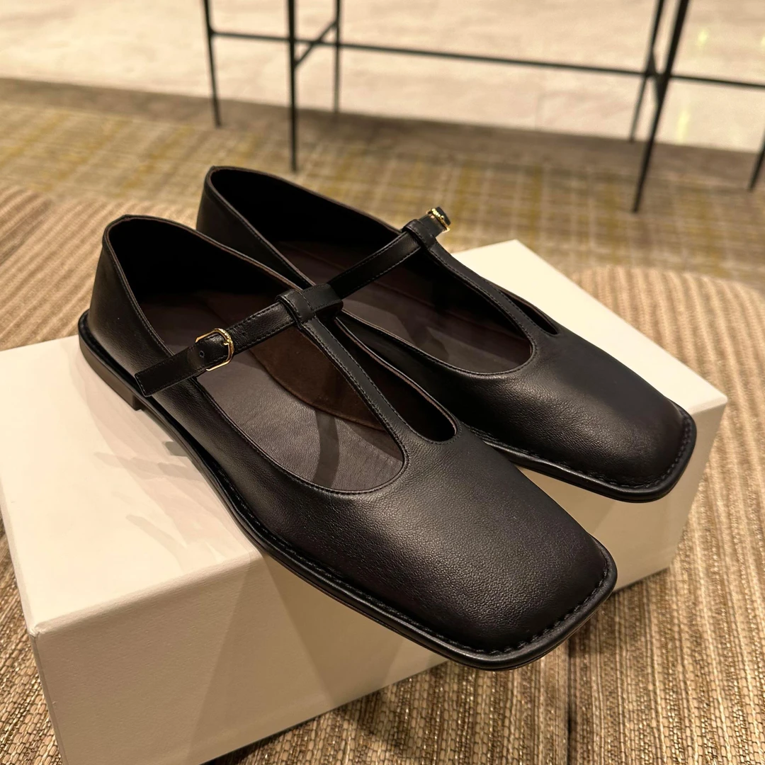 【澳门专柜正品】法式玛丽珍小皮鞋2025年新款黑色方头浅口字扣发真