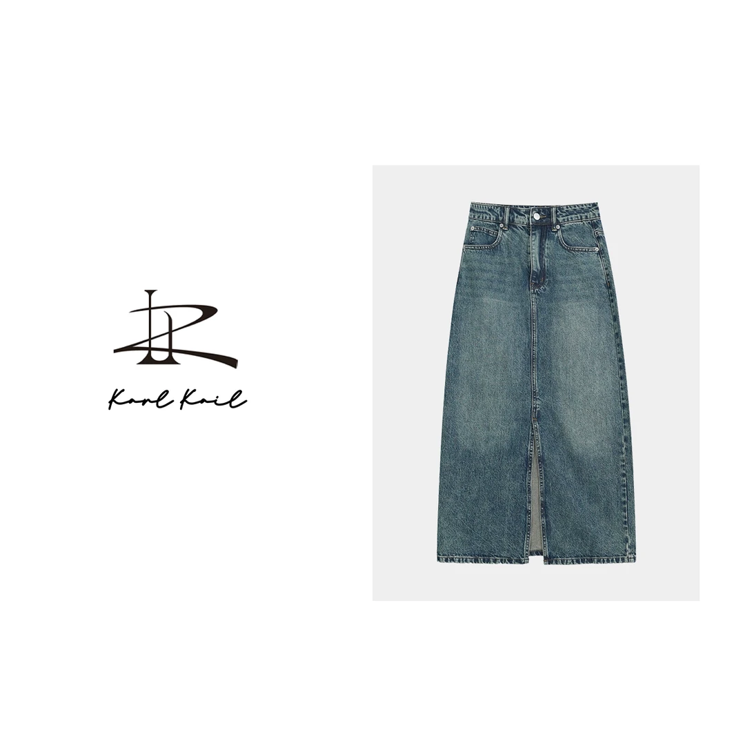 KARLKAIL100全棉2025夏季复古休闲前开叉中腰直筒水洗