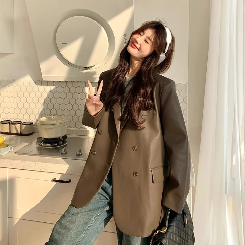 后开叉2025秋冬黑色复古PU皮衣西装外套女新款宽松休闲气质炸街