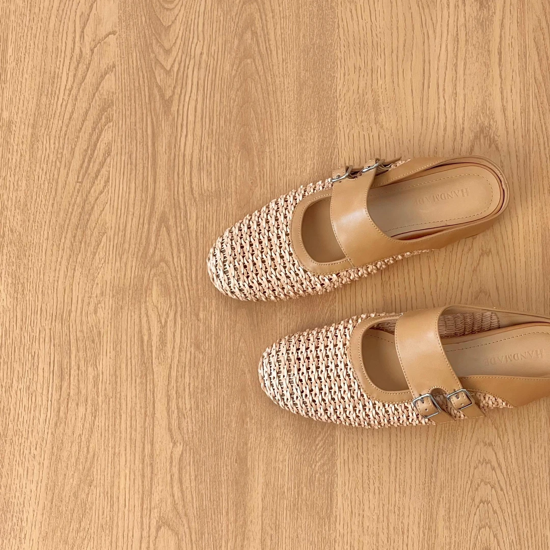 HUSSLOVE 头层牛皮+编织·跟高3.5CM·夏季编织内增高包头半拖女鞋