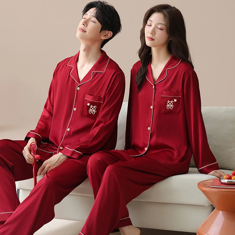 冰丝缎面薄款红色情侣睡衣新婚结婚本命年春秋新款家居服套装男女