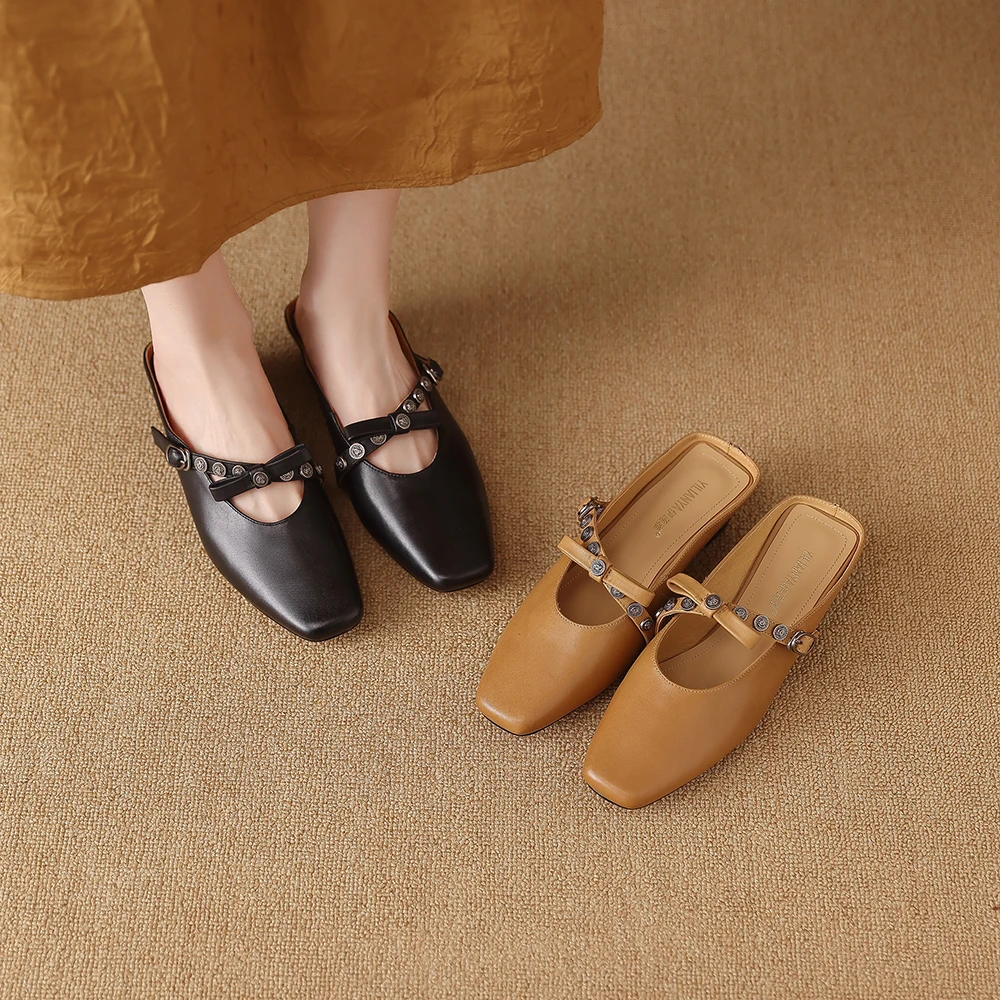L255-3883真皮拖鞋女2025夏季新款粗跟中跟鞋一字带半拖外穿凉拖