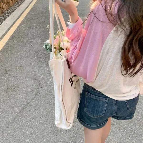 小雅姐姐 韩系ins风印花插肩撞色袖慵懒休闲长袖T恤衫IP97