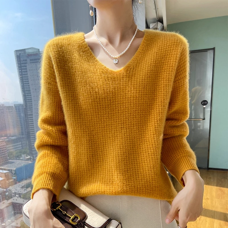 专柜正品高档100%纯羊绒衫女秋冬新款V领宽松内搭针织打底衫毛衣