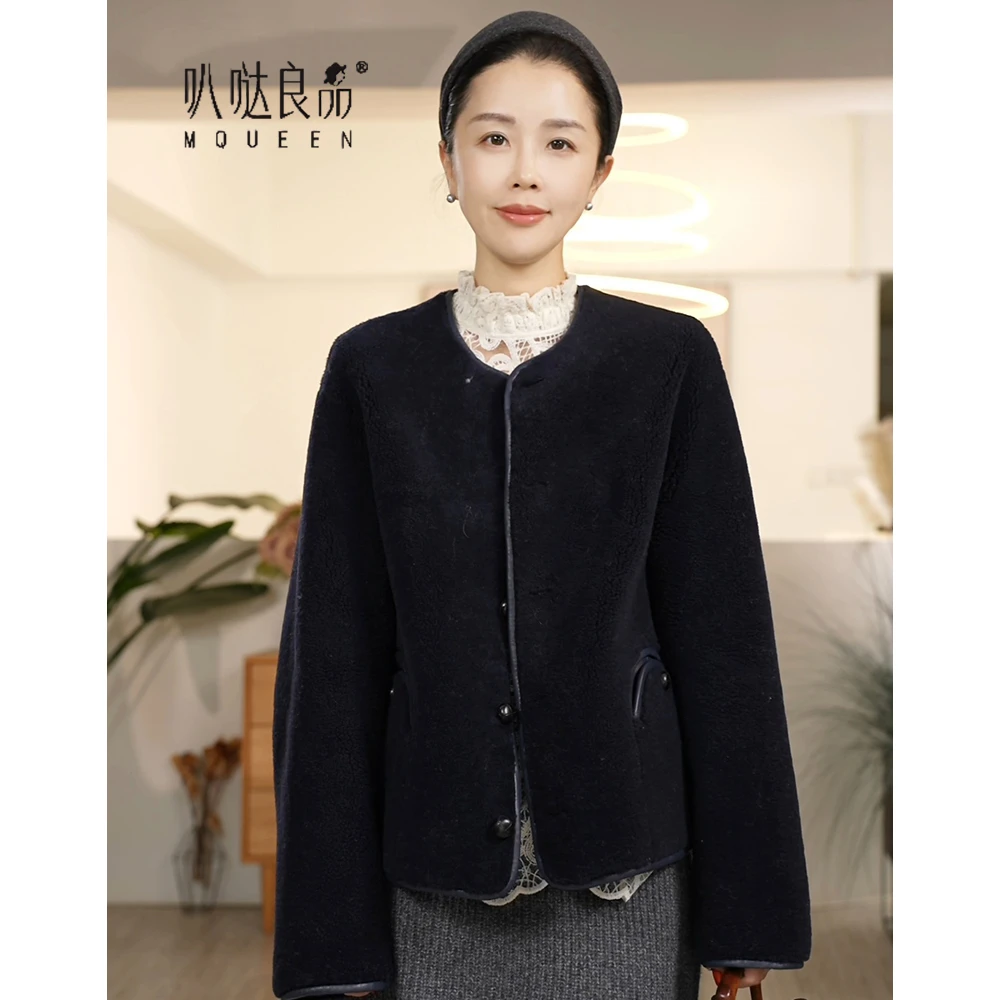 【叭哒不惑】松蓝 羊皮毛一体圆领外套女冬季宽松保暖时尚上衣