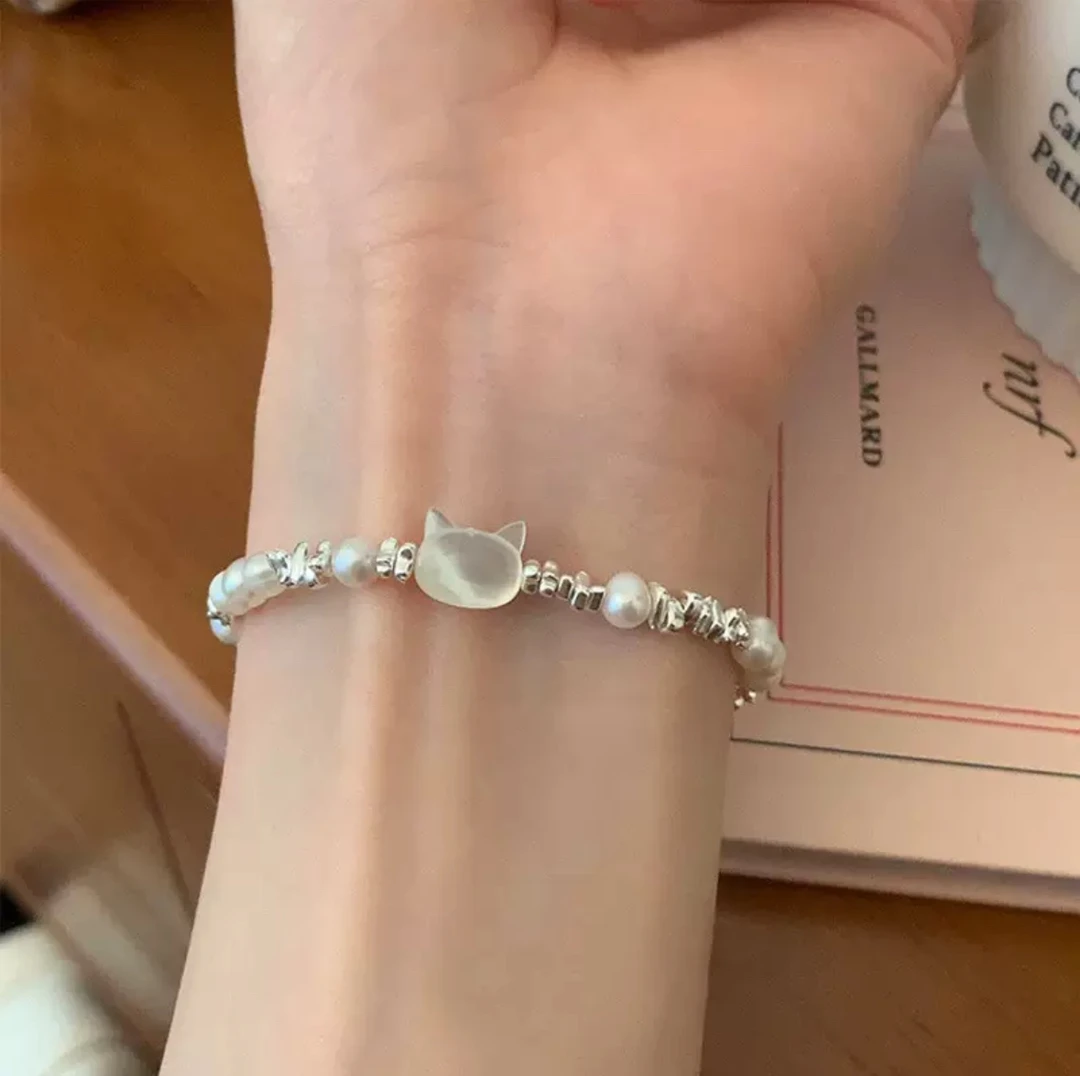 925银手链 元气猫咪小众手工金手链简约百搭闺蜜轻奢碎银手链ins