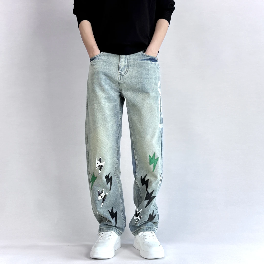 【宽松直筒】无弹美式潮牌闪电印花牛仔裤男款潮流高街复古休闲个性