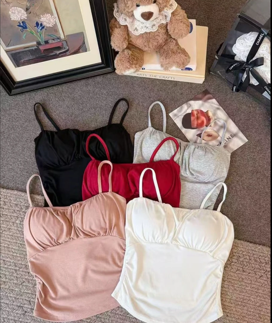 法式纯欲风带胸垫褶皱吊带背心女性感修身百搭内搭外穿上衣女新款
