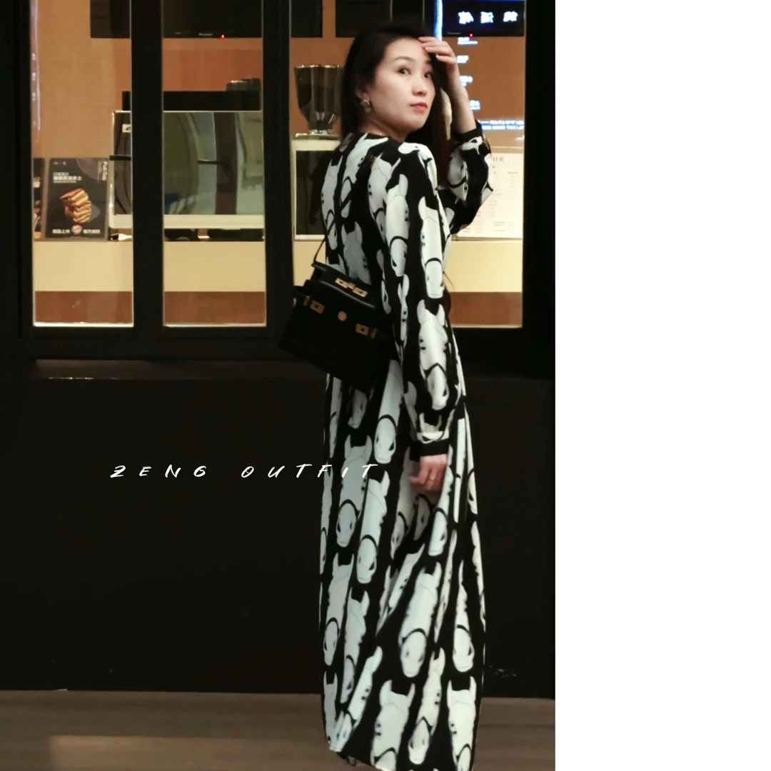 Floral Print Lux印花裙系列2025女士气质复古秋冬马面长袖连衣裙