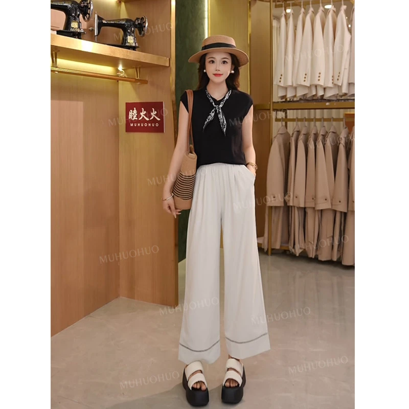 新款法式千金风夏装百搭减龄丝巾上衣➕显瘦九分裤两件套