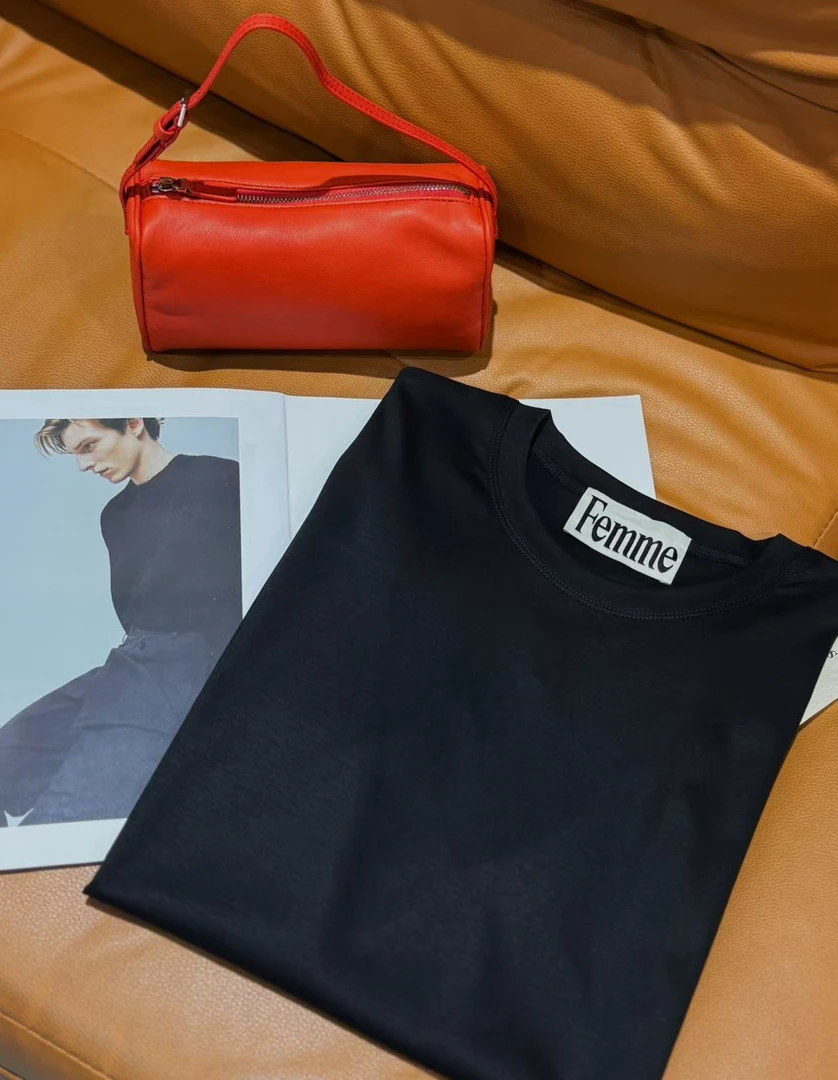 韩国东大门Femme丝光棉韩版小众T恤纯色百搭休闲时尚黑色NO退换