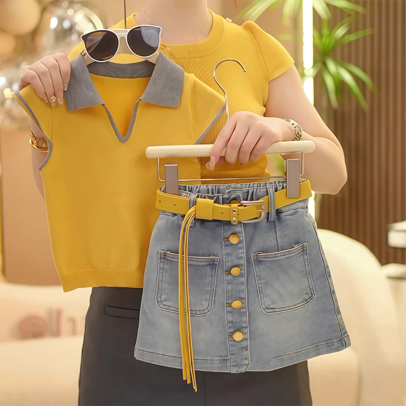 小个子新款POLO领针织短袖上衣设计感时尚显瘦牛仔裙裤洋气两件套