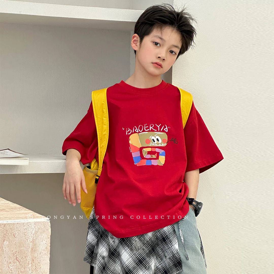 男童短袖T恤2025蛇年夏装新款中大童红色时尚儿童休闲半袖TY70896