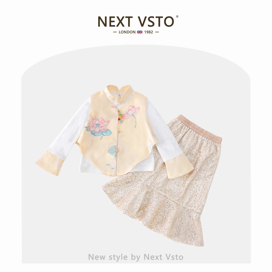 英国NEXT VSTO女童新中式套装春秋国风女宝宝提花马甲衬衫半身裙