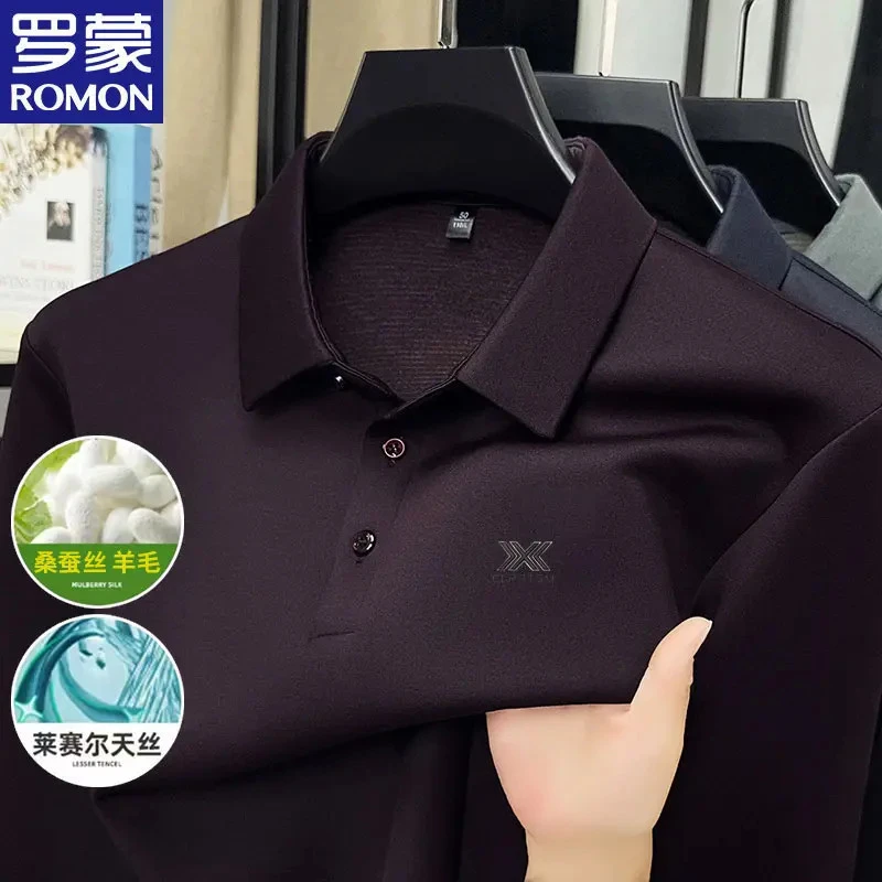 罗蒙【羊毛+桑蚕丝】新款男士POLO衫透气轻奢翻领T恤长袖上衣秋装