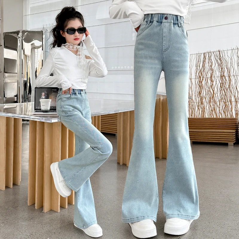 女童裤子春夏2025新款儿童薄款牛仔喇叭裤女孩大童高腰弹力微喇裤