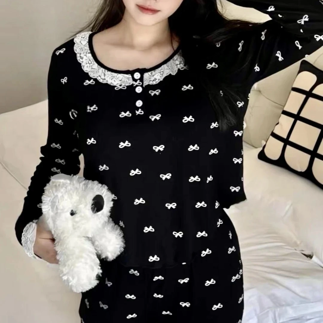 成人透气秋季长袖睡衣家居服套装春秋季宽松蕾丝纽扣家居服带胸垫