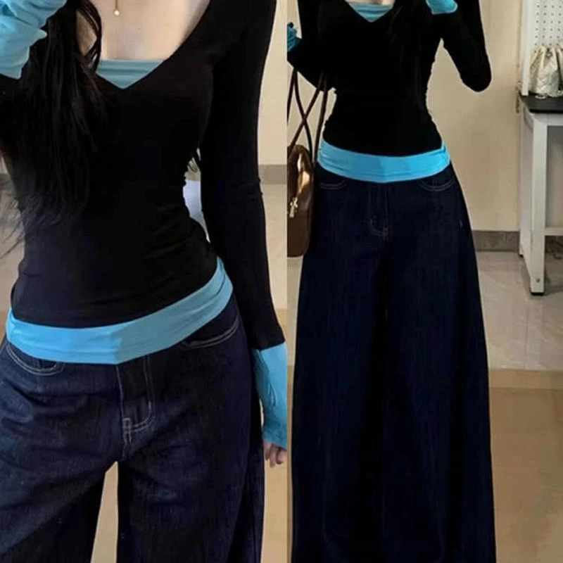 这件美爆了啊!!!纯欲辣妹假两件撞色拼接长袖T恤女修身打底衫上衣