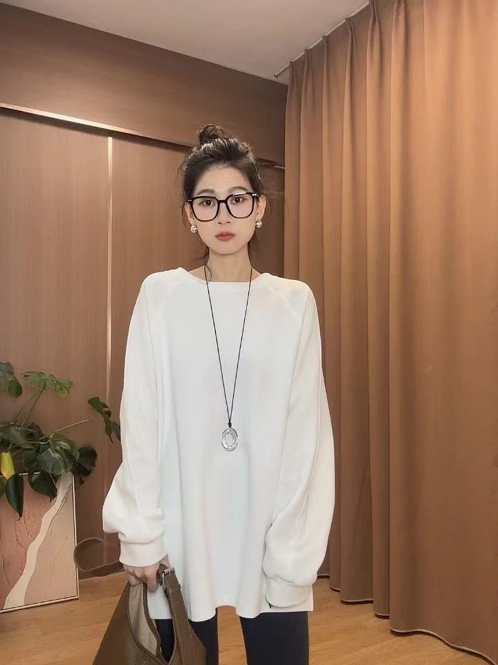 YIRAN【插肩袖】哈索线2025春季新款时尚长款白t恤打底长袖18116