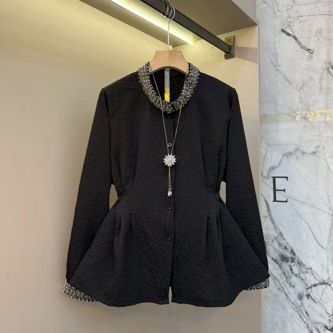 新款韩版小众穿搭胖mm重工钉珠设计感气质时尚长袖显瘦上衣732