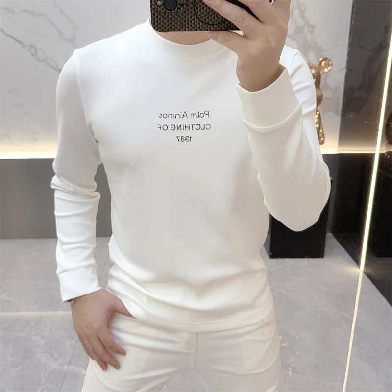 冰希重磅.个性字母印花男士简约打底衫修身长袖T恤潮2025秋季新款