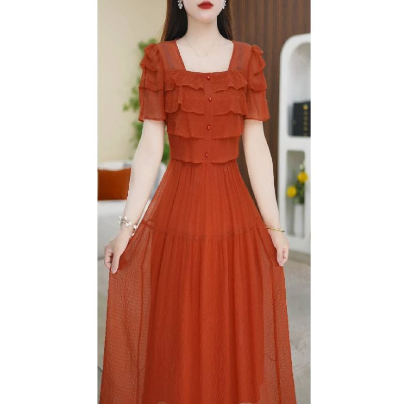 赛菲雅方领印花连衣裙女夏装2025年新款韩版显瘦藏肉拼接中长裙子