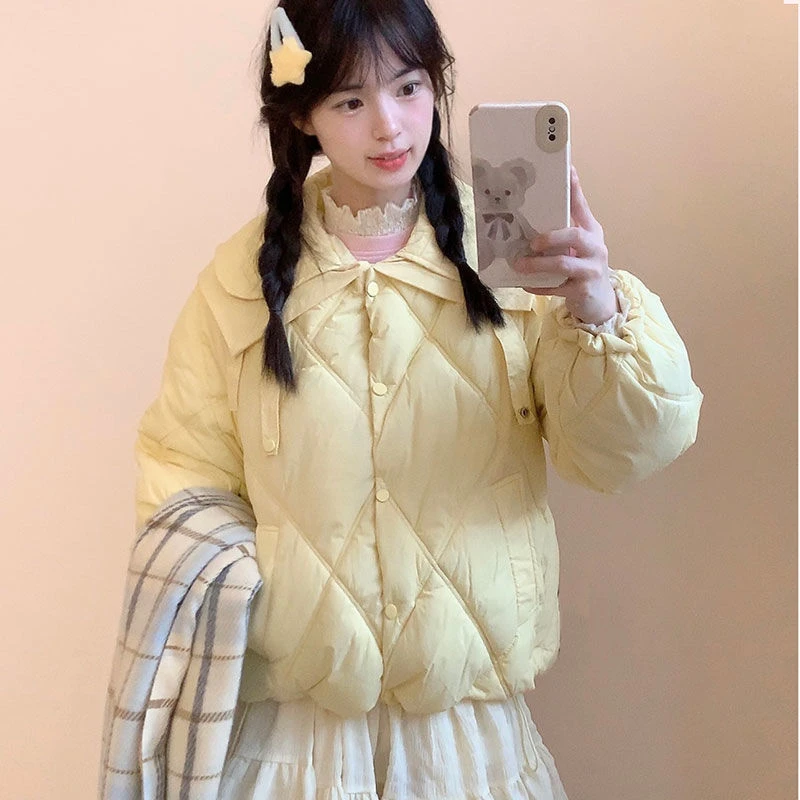 新款冬季女学生棉服外套女小个子宽松甜美韩系菱格棉衣棉服