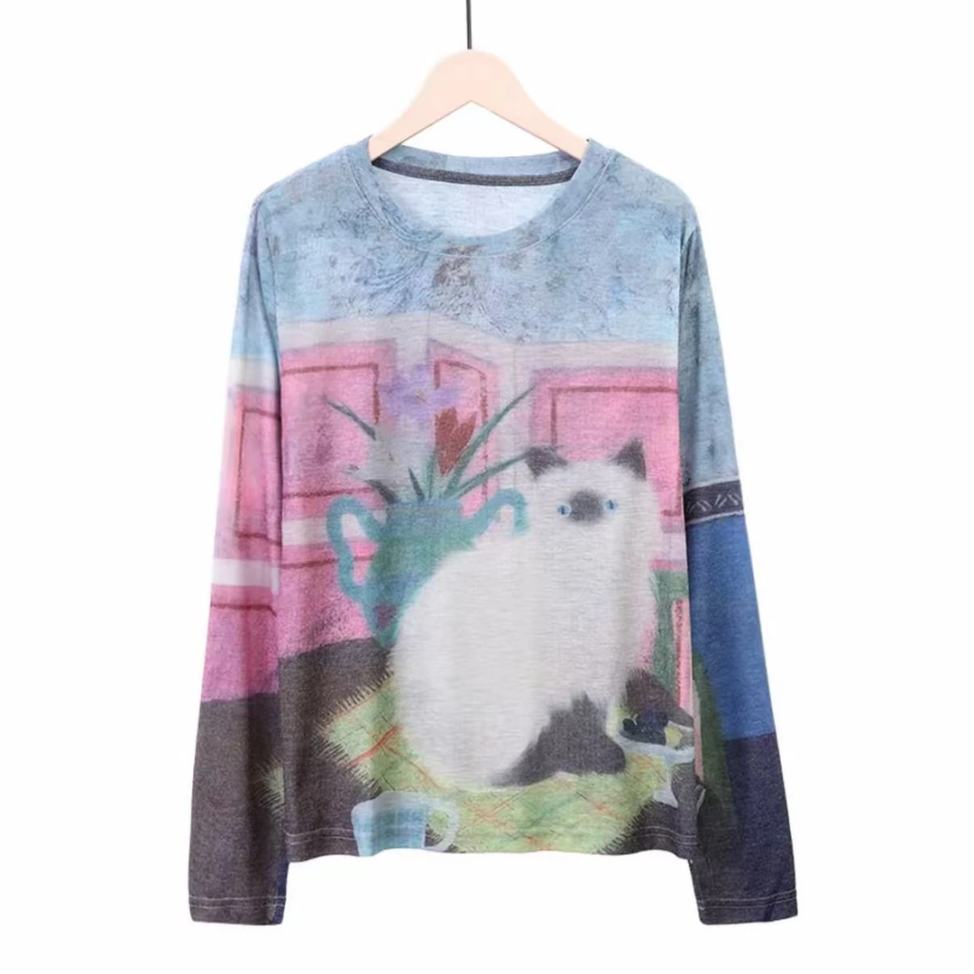 扎染长袖防晒T桖宽松版莱赛尔天丝打底衫薄款猫咪印花上衣罩衫