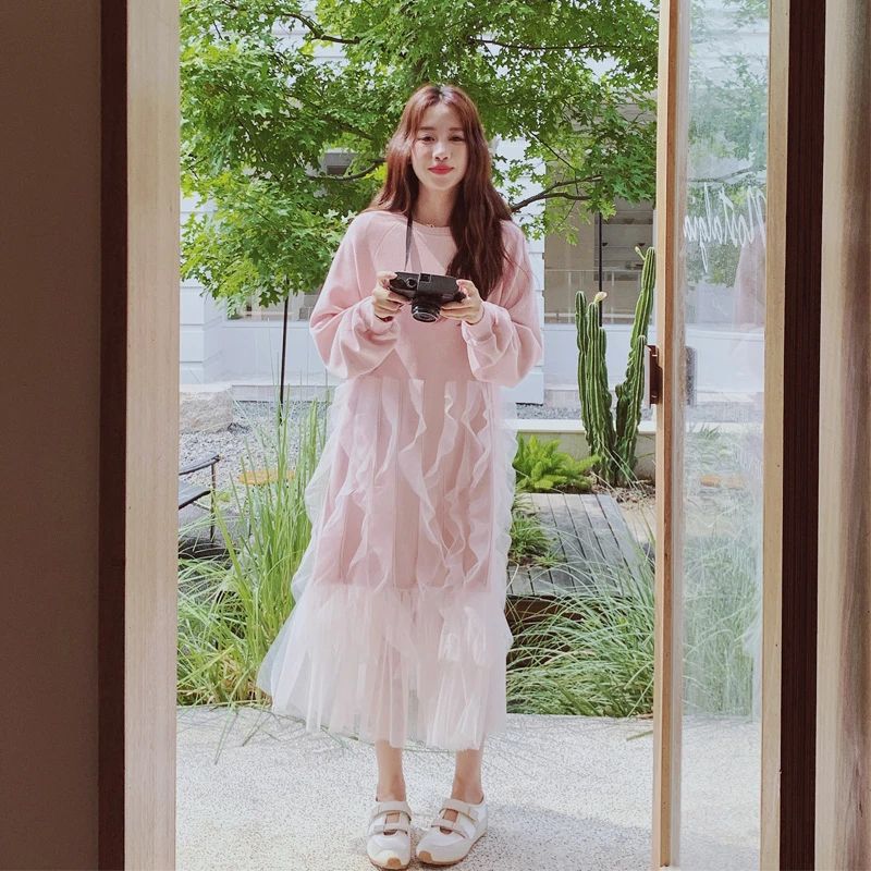超仙氛围感甜美风网纱卫衣裙2025春秋新款小清新盐系温柔风连衣裙