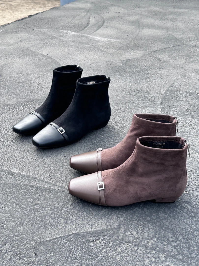 复古方头绒面短靴女秋冬百搭气质短靴