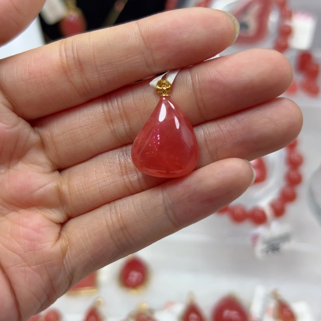 18K金镶嵌菱锰矿（红纹石）吊坠(不含链)