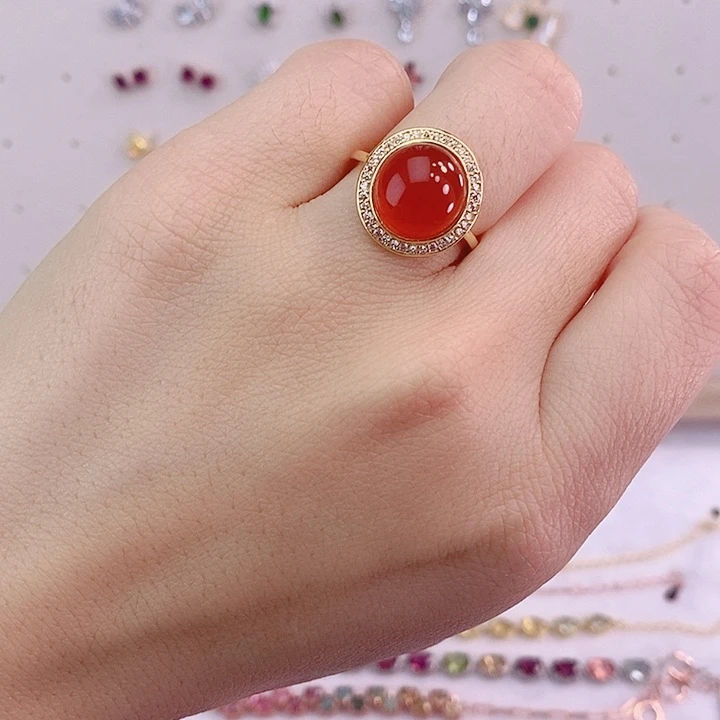 南红玛瑙戒指银S925镀金镶嵌