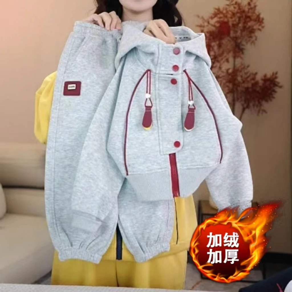 加绒加厚女童运动套装2025新款秋冬季时尚韩版连帽卫衣女孩两件套