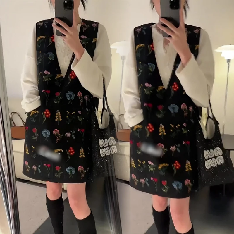 复古休闲重工印花连衣裙气质百搭显瘦背带裙子设计感打底上衣女装