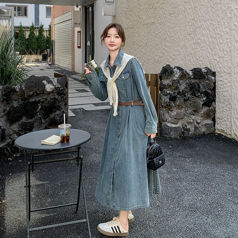 蓝色韩系休闲牛仔连衣裙女2025初春新款蕾丝披肩收腰A字裙两件套