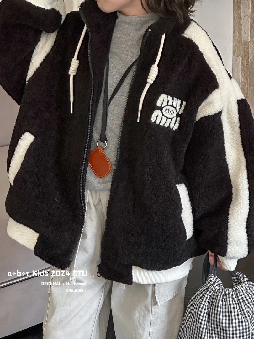 冬季新款刺绣毛毛棒球服加厚韩版女童洋气拉链外套宽松92273