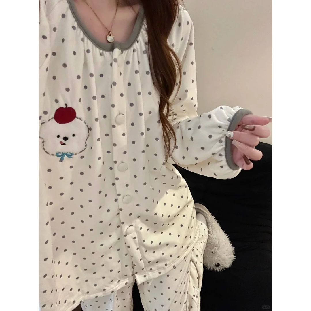 韩系甜美卡通苹果小狗印花睡衣女秋冬新款大码可外穿家居服套装