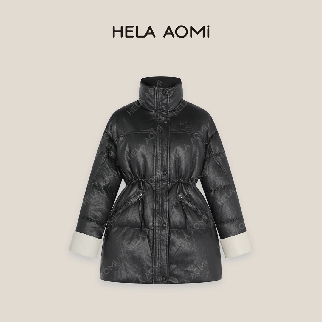 HELAAOMI “皮质光感”袖口撞色设计感皮羽绒收腰外套CY4DM01638