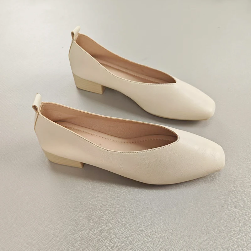 【34-43码】真皮V口方头粗跟奶奶鞋单鞋修面低跟平底浅口夏季韩版