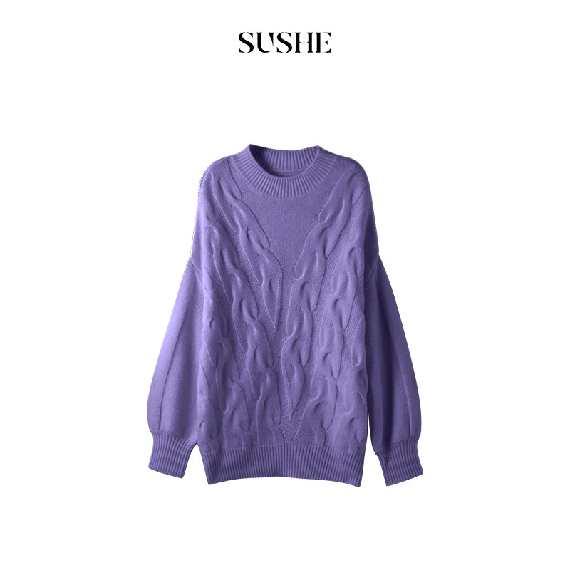 束皙SUSHE 羊绒圆领罗纹绞花针织保暖毛衣1233