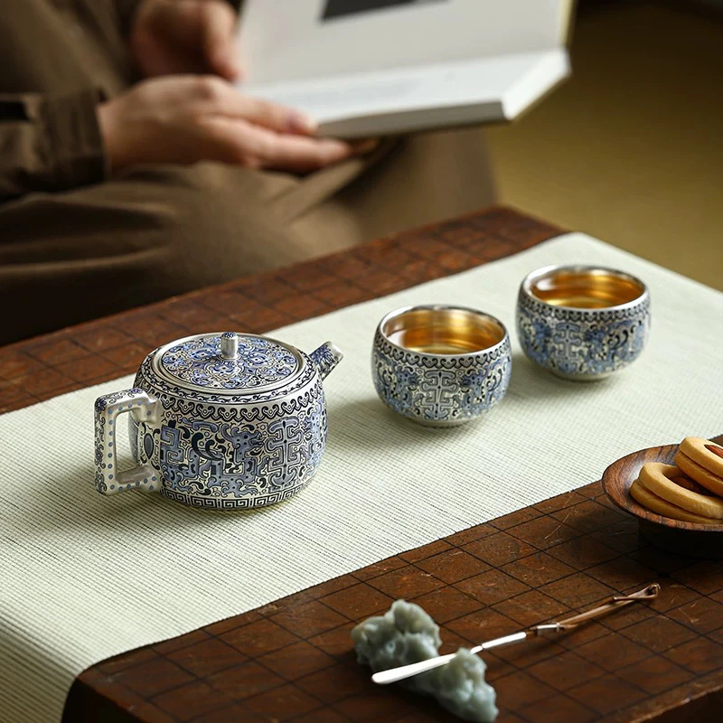 金银错鎏银陶瓷茶壶小套装复古泡茶壶茶杯功夫茶具高端节日送礼品