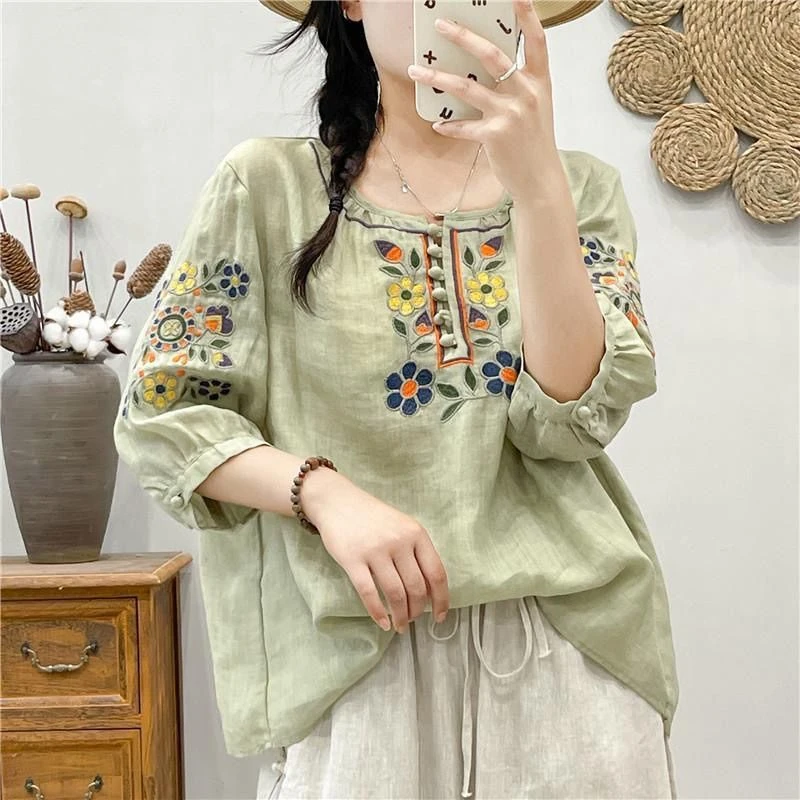 【现货+运费险】民族重工棉麻复古文艺V领宽松七分袖百搭上衣Y948