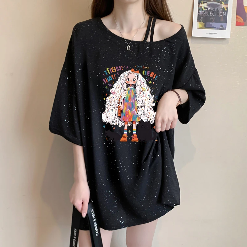 小众炸街亮闪闪斜领短袖T恤女夏季爆韩版款宽松时尚百搭半袖上衣