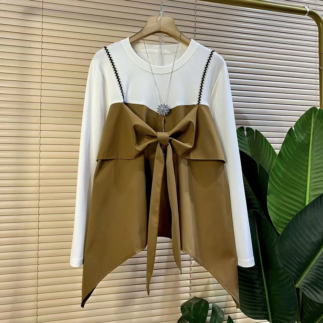 Y胖mm欧货时尚新款早秋小众蝴蝶结假两件显瘦女人衫