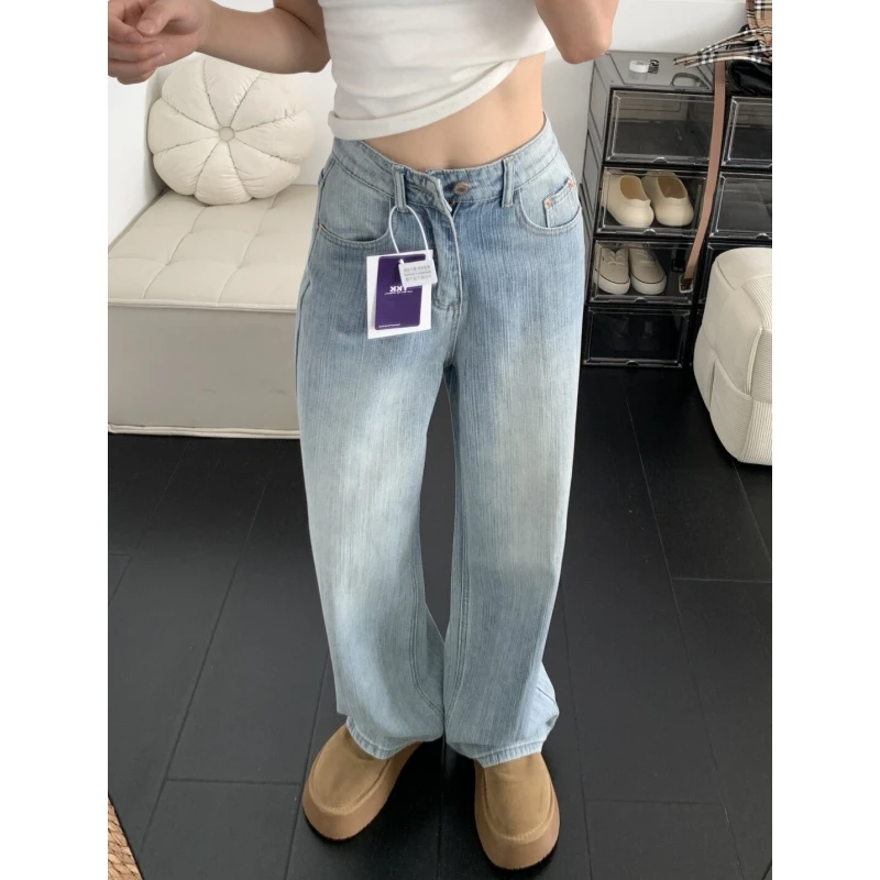 180高个子175加长浅色高腰直筒牛仔裤女纹理感宽松显瘦垂感阔腿裤