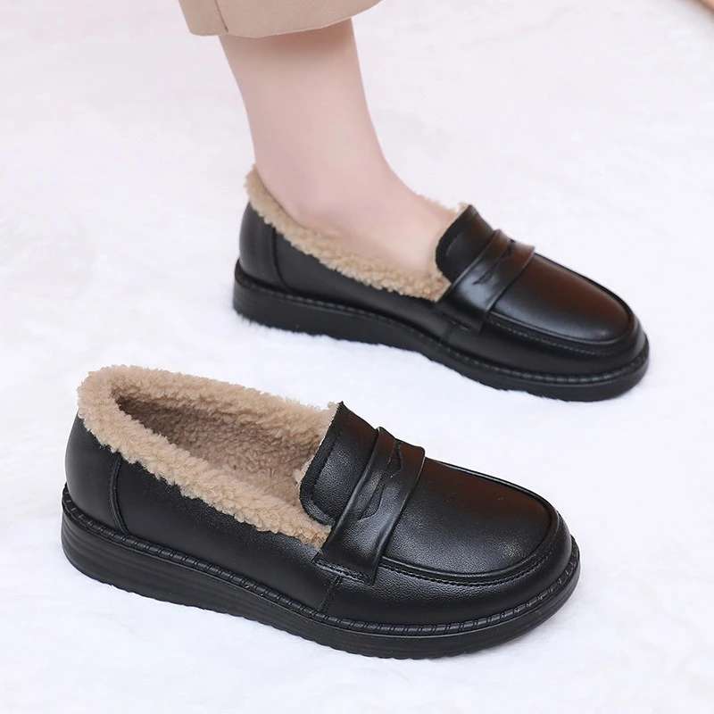 薄款防滑注压皮带扣乐福鞋豆豆鞋加绒休闲冬季单鞋厚底妈妈鞋